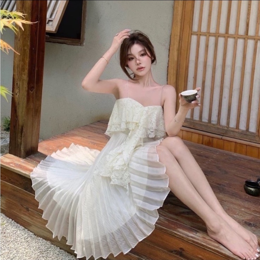 Japanese Cream Ivory Lace Ruffle Soft Chiffon Pleated Strap Maxi Dress